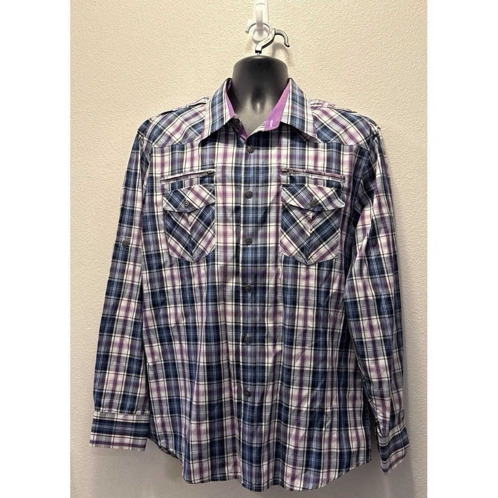 Rodeo Co Shirt‎ Mens Size XL Western Long Sleeve Purple/Blue Plaid Rodeo Cowboy